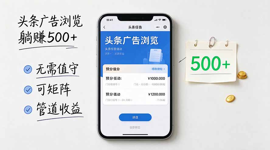 （20835期）头条广告浏览躺赚500+无需值守，可矩阵并附有管道收益-翌晨科技网