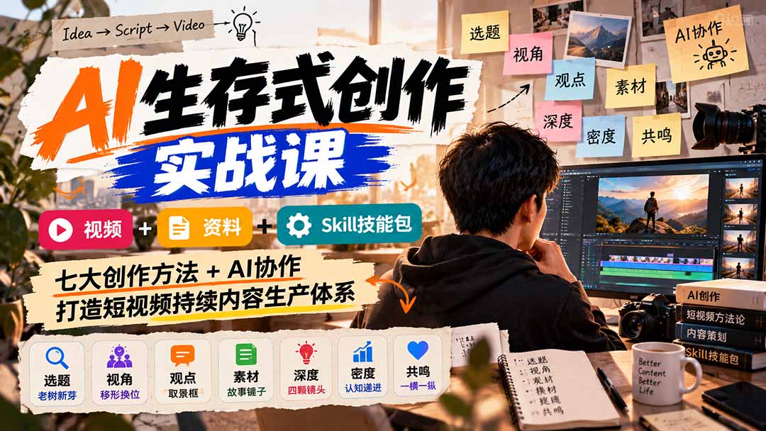 （21081期）AI生存式创作实战课：视频+资料+Skill技能包，七大创作方法+AI协作，打造短视频持续内容生产体系-翌晨科技网