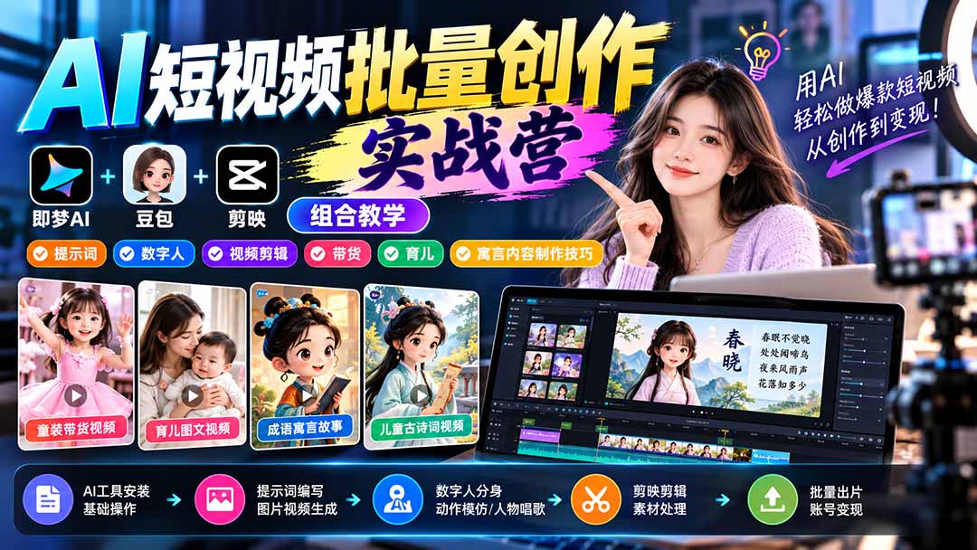 （21039期）【无水印】AI短视频批量创作实战营：即梦+豆包+剪映组合教学，提示词/数字人/视频剪辑/带货/育儿/寓言内容制作技巧-翌晨科技网