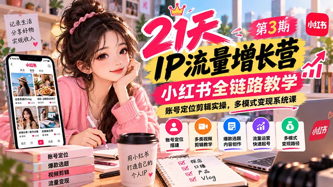 （20992期）【无水印】21天IP流量增长营-第3期，小红书全链路教学，账号定位剪辑实操，多模式变现系统课-翌晨科技网