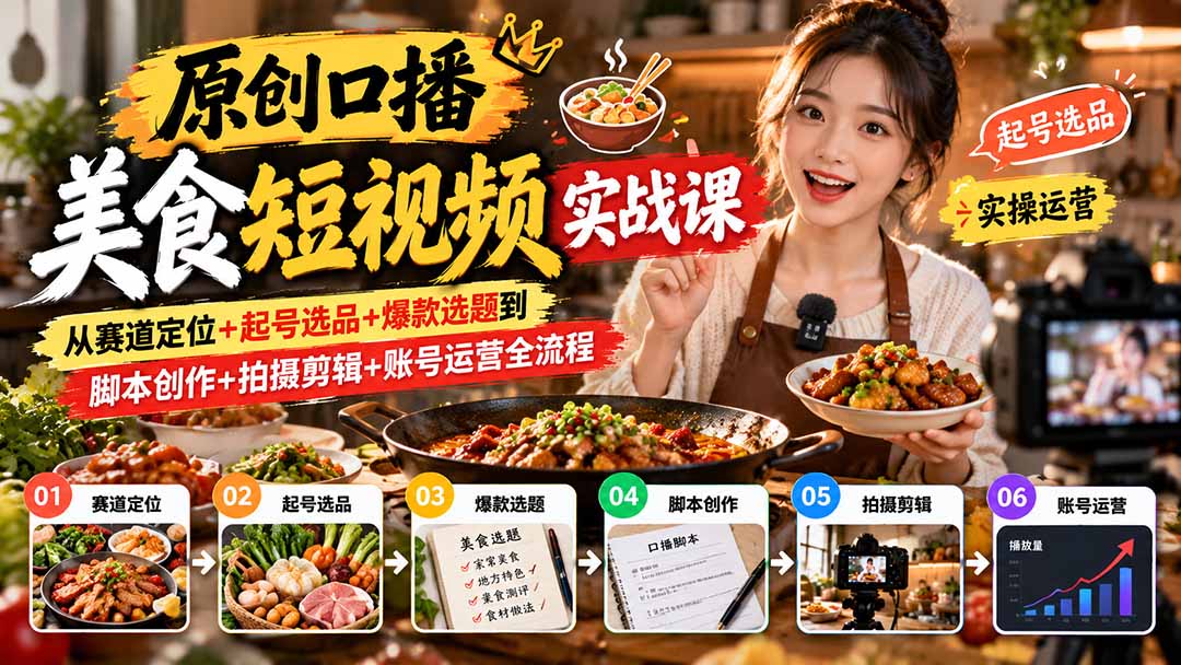 （20786期）原创口播美食短视频实战课：从赛道定位+起号选品+爆款选题到脚本创作+拍摄剪辑+账号运营全流程-翌晨科技网