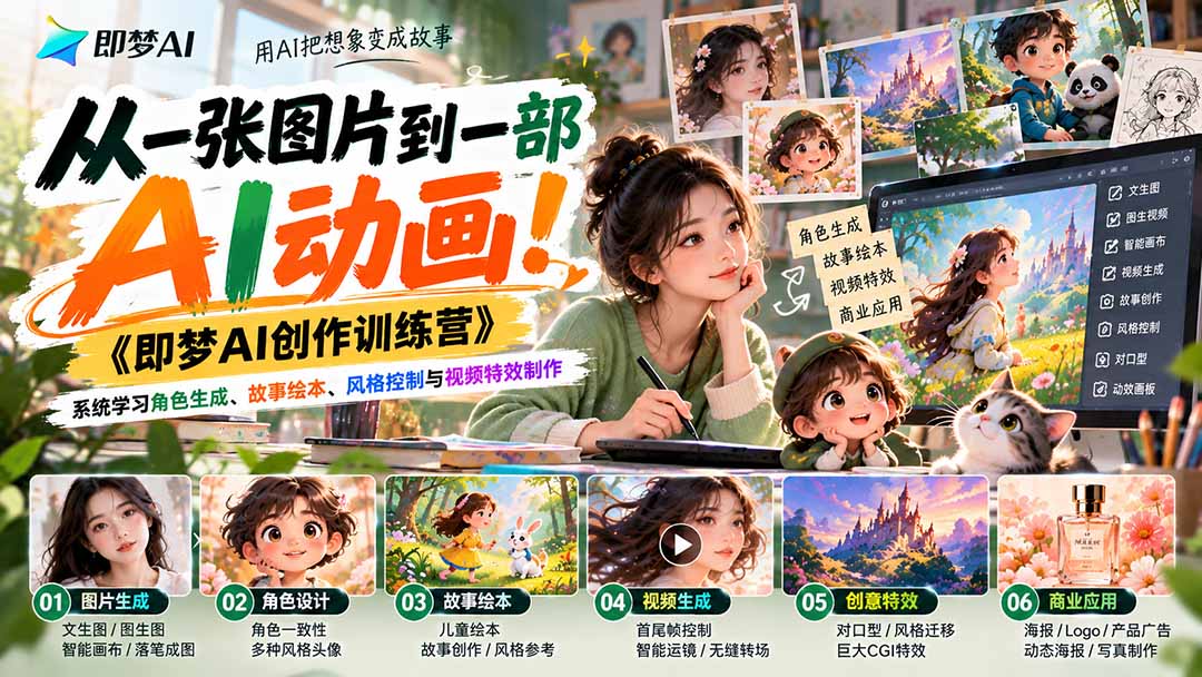 （21160期）【无水印】从一张图片到一部AI动画！《即梦AI创作训练营》系统学习角色生成、故事绘本、风格控制与视频特效制作-翌晨科技网