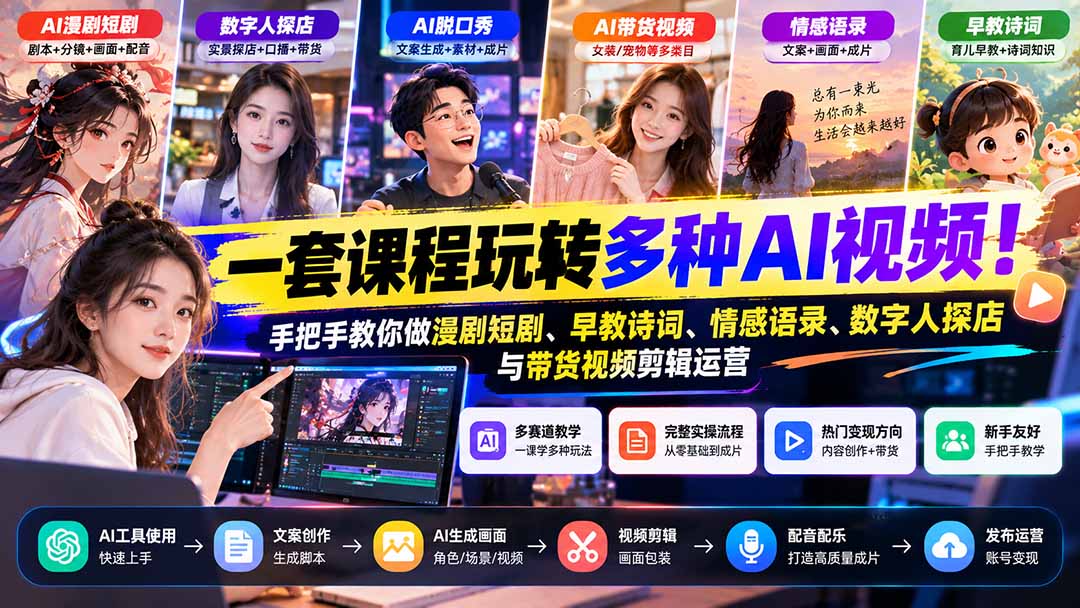 （21271期）【无水印】一套课程玩转多种AI视频！手把手教你做漫剧短剧、早教诗词、情感语录、数字人探店与带货视频剪辑运营-翌晨科技网