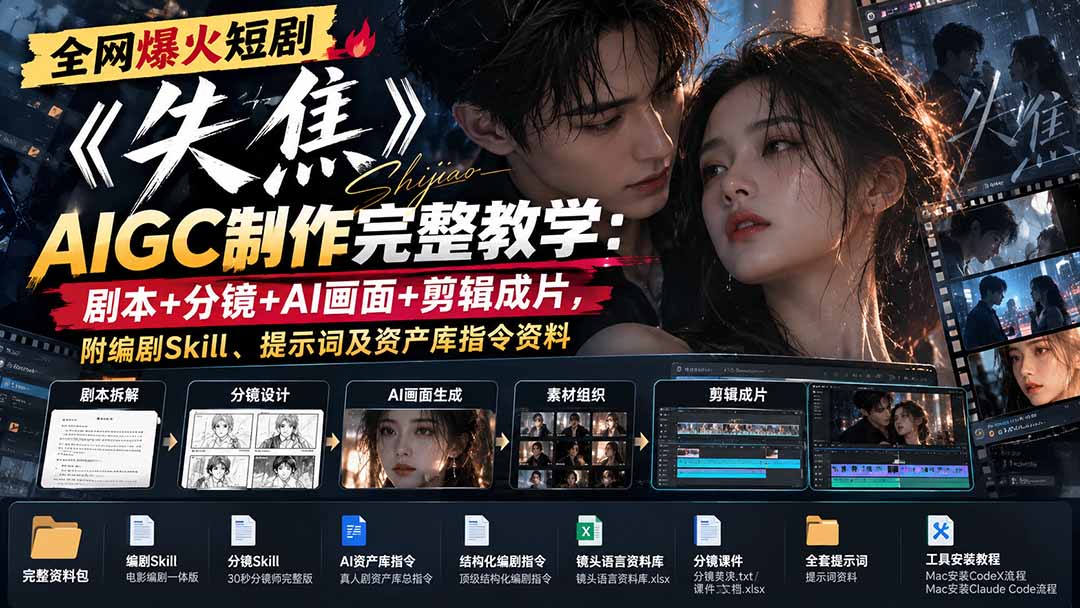 （20805期）全网爆火短剧《失焦》AIGC制作完整教学：剧本+分镜+AI画面+剪辑成片，附编剧Skill、提示词及资产库指令资料-翌晨科技网