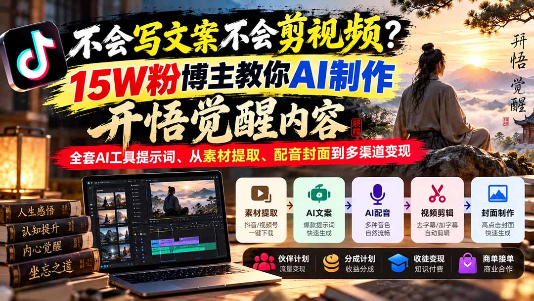 （21085期）不会写文案不会剪视频？15W粉博主教你AI制作开悟觉醒内容，全套AI工具提示词、从素材提取、配音封面到多渠道变现-翌晨科技网