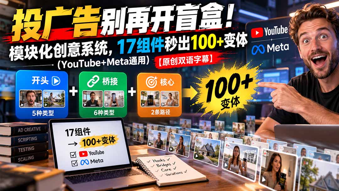 （20840期）投广告别再开盲盒！模块化创意系统，17组件秒出100+变体（YouTube+Meta通用）【原创双语字幕】-翌晨科技网