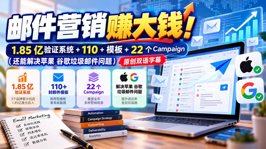 （20984期）邮件营销赚大钱！1.85亿验证系统+110+模板+22个Campaign（还能解决苹果 谷歌垃圾邮件问题）【原创双语字幕】-翌晨科技网