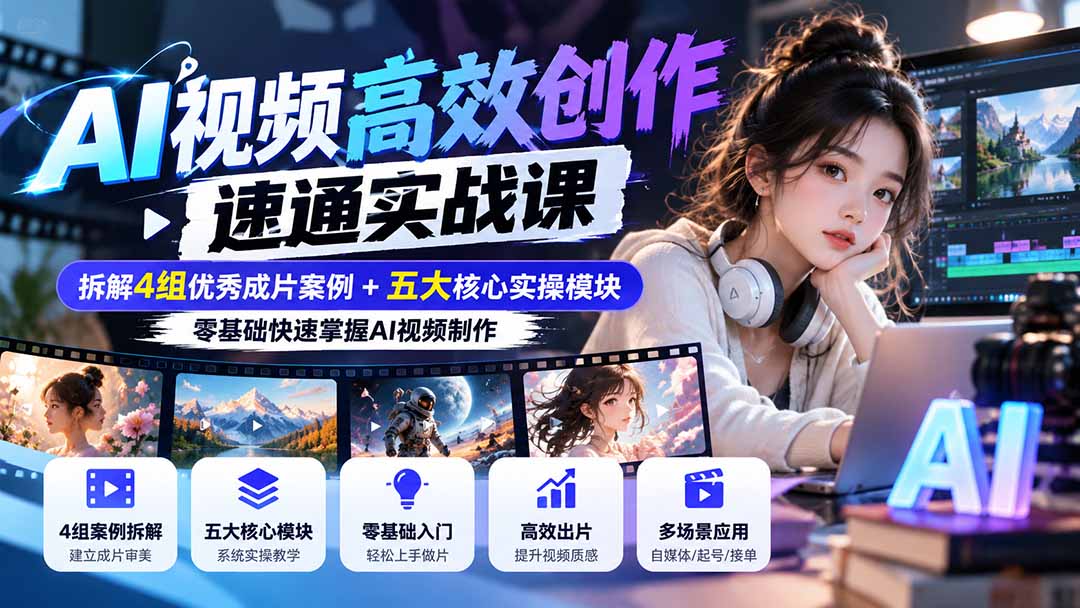 （20819期）【无水印】AI视频高效创作速通实战课：拆解4组优秀成片案例+五大核心实操模块，零基础快速掌握AI视频制作-翌晨科技网