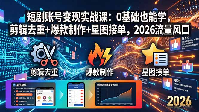 （18160期）短剧账号变现实战课：0基础也能学，剪辑去重+爆款制作+星图接单，2026流量风口-翌晨科技网