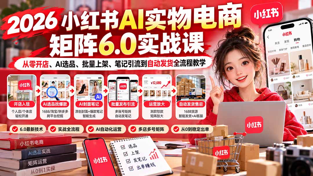 （21274期）2026小红书AI实物电商矩阵6.0实战课：从零开店、AI选品、批量上架、笔记引流到自动发货全流程教学-翌晨科技网