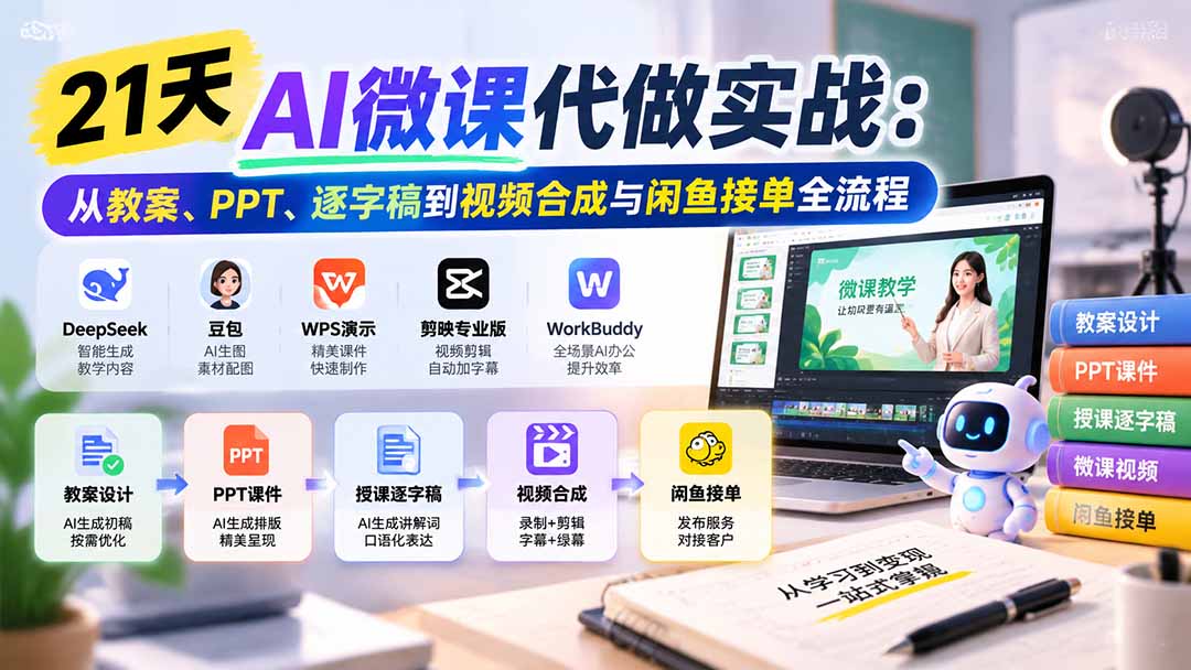 （21065期）21天AI微课代做实战：从教案、PPT、逐字稿到视频合成与闲鱼接单全流程-翌晨科技网