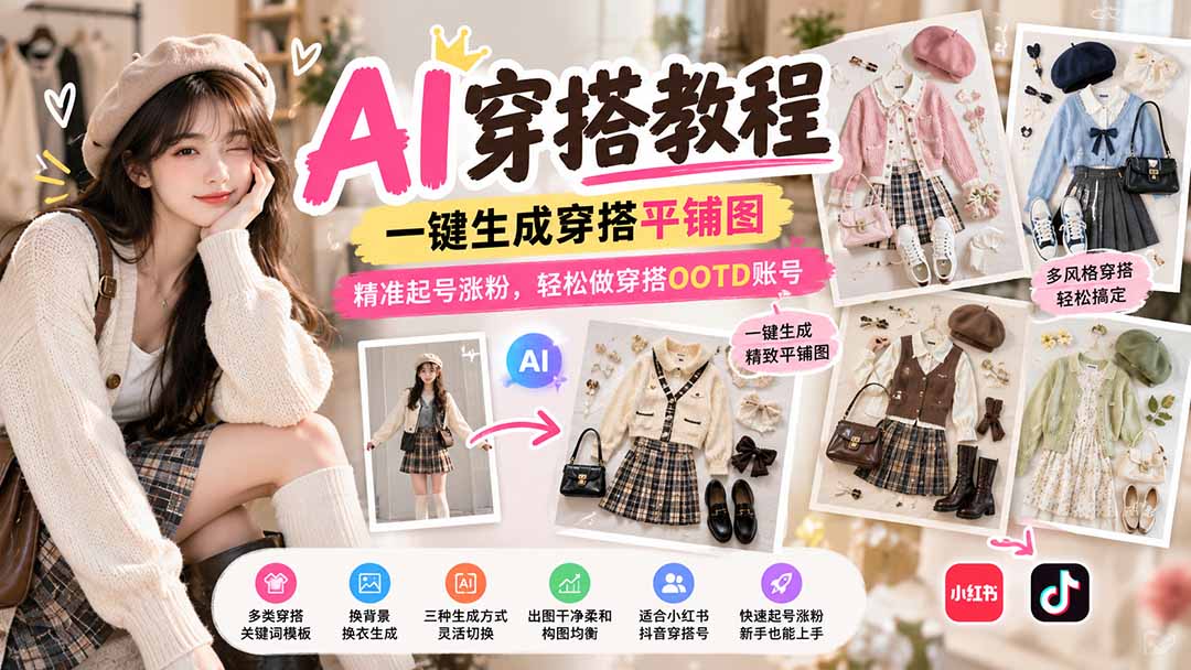 （21134期）【无水印】AI穿搭教程｜一键生成穿搭平铺图，精准起号涨粉，轻松做穿搭OOTD账号-翌晨科技网