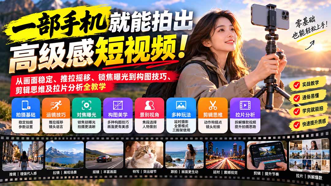 （21272期）一部手机就能拍出高级感短视频！从画面稳定、推拉摇移、锁焦曝光到构图技巧、剪辑思维及拉片分析全教学-翌晨科技网