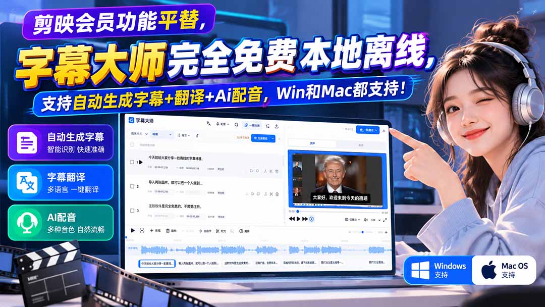 （20902期）剪映会员功能平替，字幕大师完全免费本地离线，支持自动生成字幕+翻译+Ai配音，Win和Mac都支持！-翌晨科技网