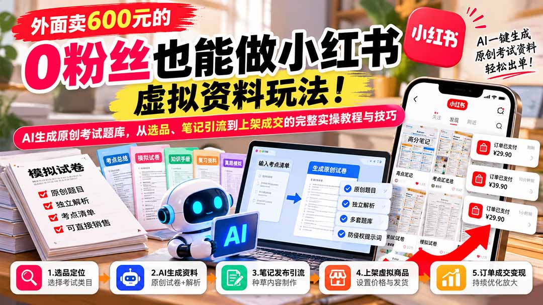 （21181期）外面卖600元的 零粉丝也能做小红书虚拟资料玩法！AI生成原创考试题库，从选品、笔记引流到上架成交的完整实操教程-翌晨科技网