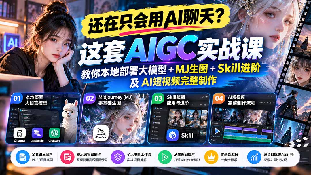 （21135期）【无水印】还在只会用AI聊天？这套AIGC实战课教你本地部署大模型+MJ生图+Skill进阶及AI短视频完整制作-翌晨科技网