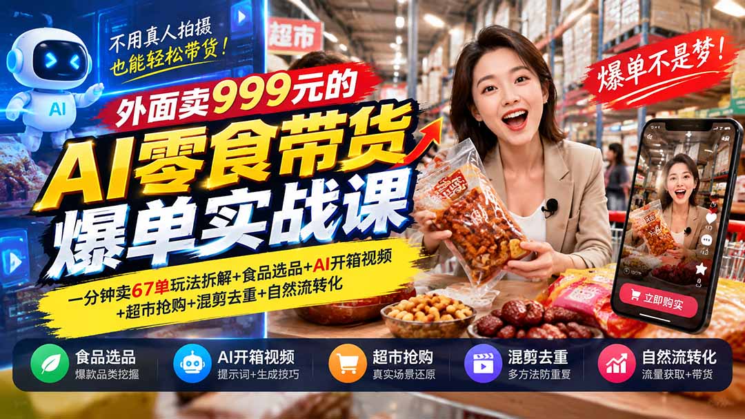 （20994期）外面卖999元的AI零食带货爆单实战课｜一分钟卖67单玩法拆解+食品选品+AI开箱视频+超市抢购+混剪去重+自然流转化-翌晨科技网