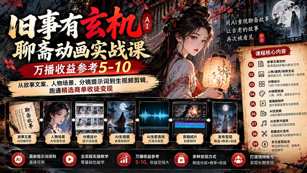 （20789期）旧事有玄机AI聊斋动画实战9月新课：万播收益参考5-10，从故事文案、人物场景到分镜生视频，跑通精选商单收徒-翌晨科技网