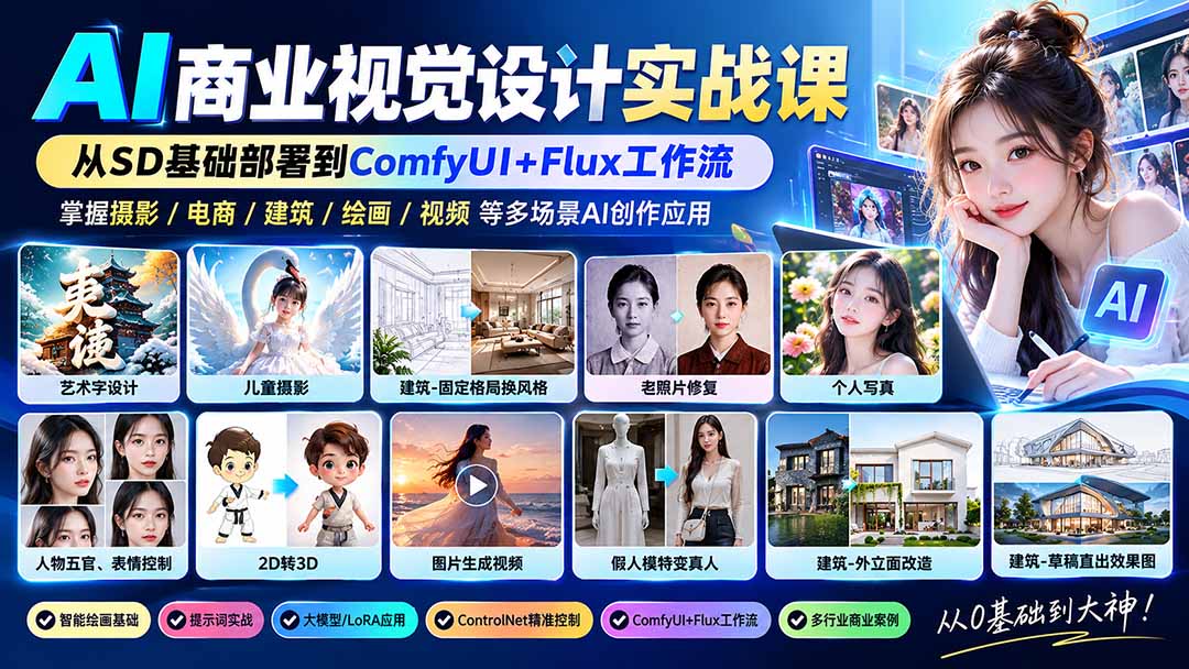 （20824期）【无水印】AI商业视觉设计实战课：从SD基础部署到ComfyUI+Flux工作流，掌握摄影电商建筑AI创作-翌晨科技网