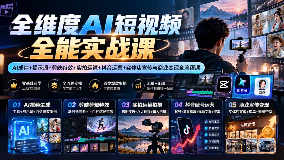 （20768期）【无水印】全维度AI短视频全能实战课：AI成片+提示词+剪映特效+实拍运镜+抖音运营+实体店宣传与商业变现全流程课-翌晨科技网