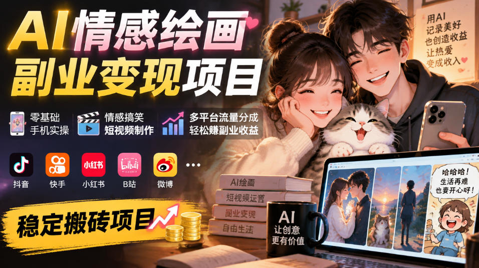 AI情感绘画副业变现项目｜零基础手机实操，情感搞笑短视频制作，多平台流量分成轻松賺副业收益-翌晨科技网