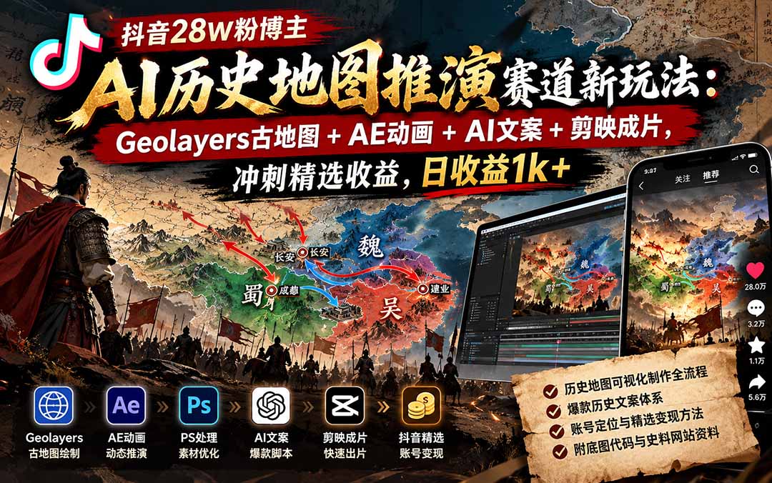 （20809期）抖音28W粉博主AI历史地图推演赛道新玩法：Geolayers古地图+AE动画+AI文案+剪映成片，冲刺精选收益，日收益1k+-翌晨科技网