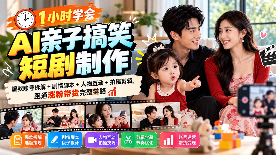 （20807期）1小时学会AI亲子搞笑短剧制作：爆款账号拆解+剧情脚本+人物互动+拍摄剪辑，跑通涨粉带货完整链路-翌晨科技网