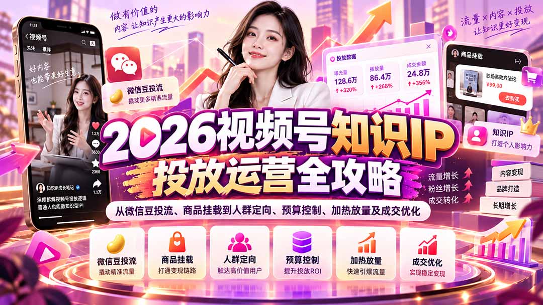（20860期）2026视频号知识IP投放运营全攻略：从微信豆投流、商品挂载到人群定向、预算控制、加热放量及成交优化-翌晨科技网
