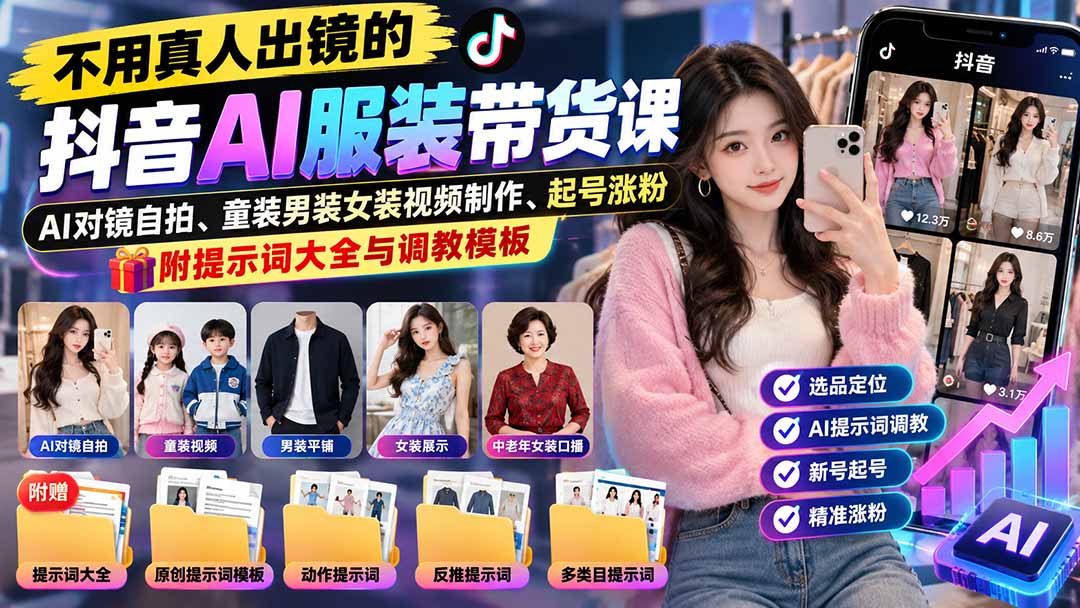（20960期）不用真人出镜的抖音AI服装带货课：AI对镜自拍、童装男装女装视频制作、起号涨粉，附提示词大全与调教模板-翌晨科技网