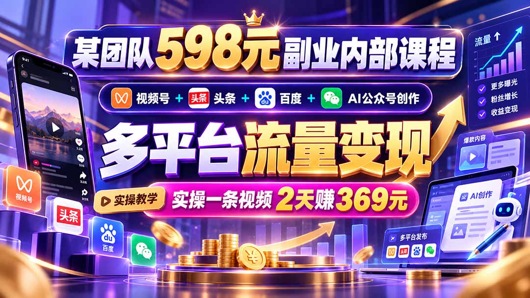 （21238期）某团队598元副业内部课程：视频号+头条+百度+AI公众号创作、多平台流量变现，实操一条视频2天赚369元-翌晨科技网
