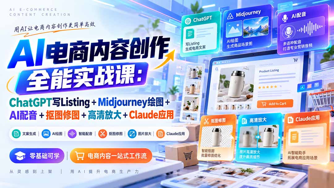 （20770期）【无水印】AI电商内容创作全能实战课：ChatGPT写Listing+Midjourney绘图+AI配音+抠图修图+高清放大+Claude应用-翌晨科技网