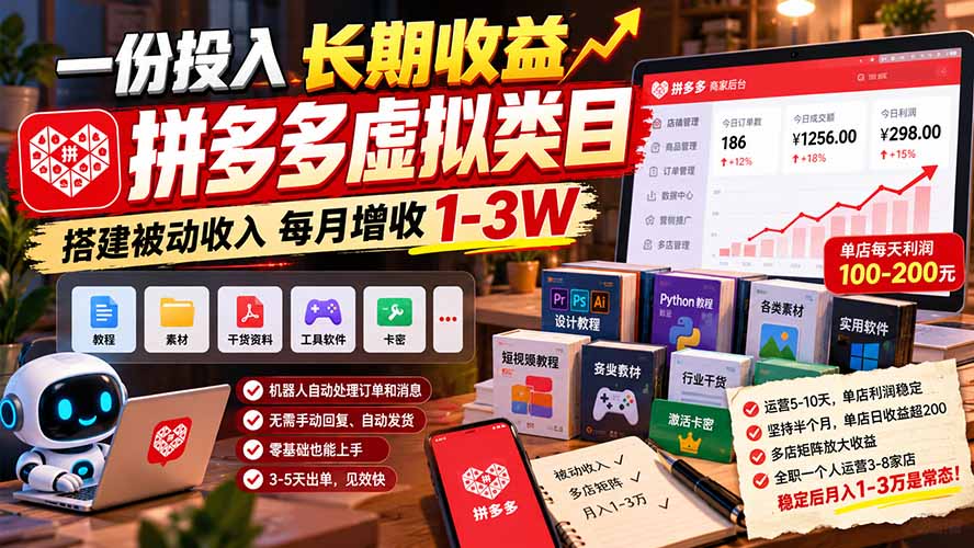 （21166期）一份投入长期收益，拼多多虚拟类目，搭建被动收入每月增收 1-3W-翌晨科技网