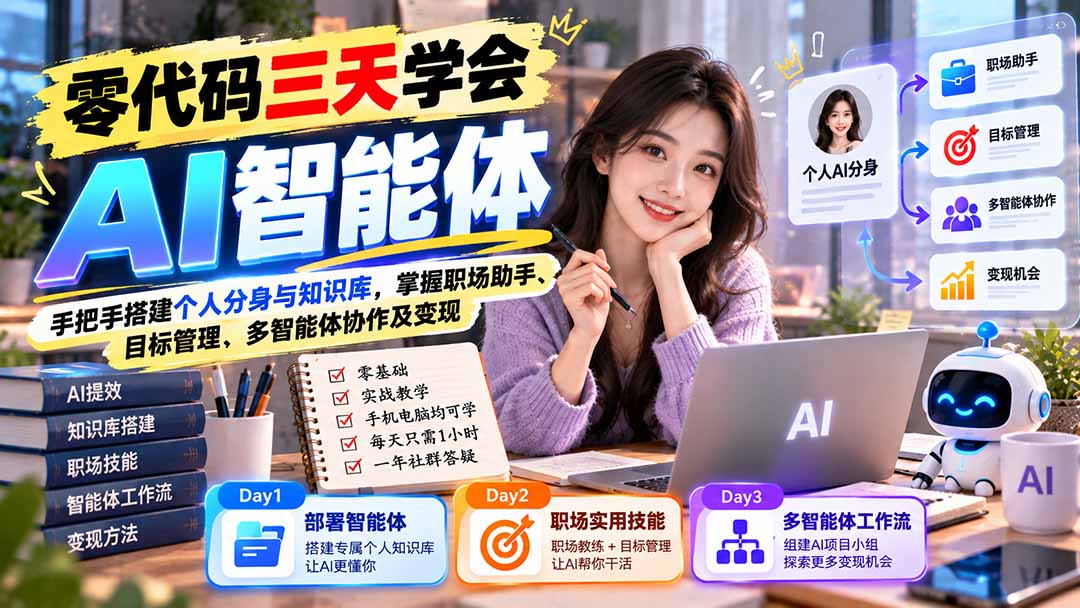 （20978期）【无水印】零代码三天学会AI智能体：手把手搭建个人分身与知识库，掌握职场助手、目标管理、多智能体协作及变现-翌晨科技网