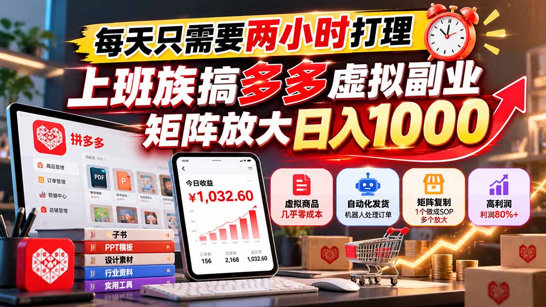 （21086期）每天只需要两小时打理，上班族搞多多虚拟副业，矩阵放大日入 1000-翌晨科技网