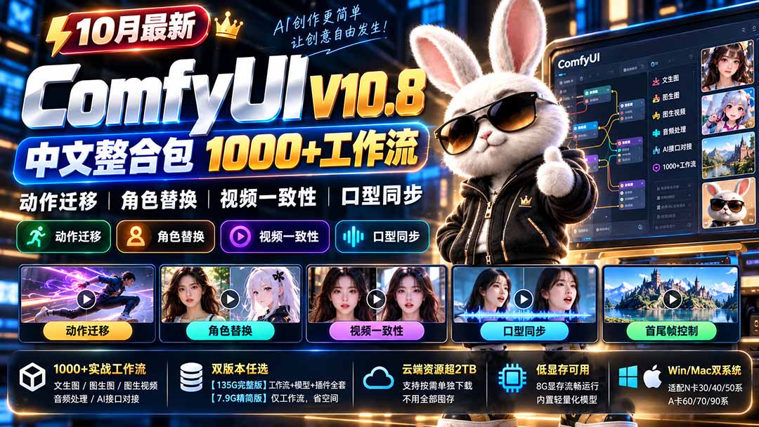 （21240期）10月最新ComfyUI V10.8中文整合包 1000+工作流 动作迁移 角色替换 视频一致性 口型同步 低显存可用-翌晨科技网