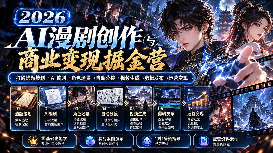 （20906期）【无水印】2026AI漫剧创作与商业变现掘金营：打通选题→AI编剧→角色场景→自动分镜→视频生成→剪辑发布→运营变现-翌晨科技网