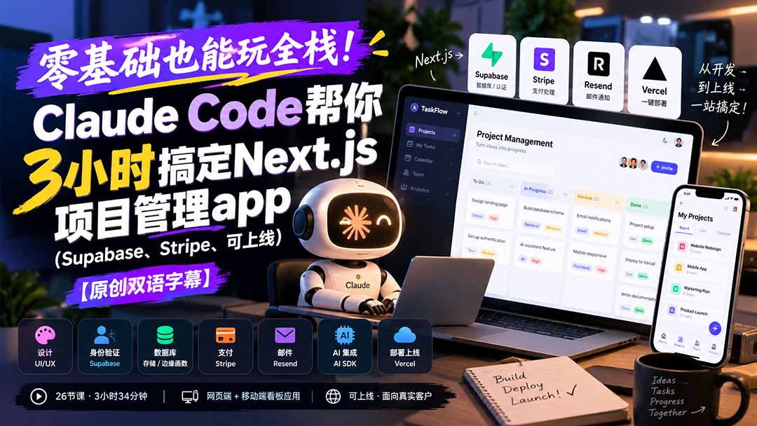 （20907期）零基础也能玩全栈！Claude Code帮你3小时搞定Next.js项目管理app（Supabase、Stripe、可上线）【原创双语字幕】-翌晨科技网