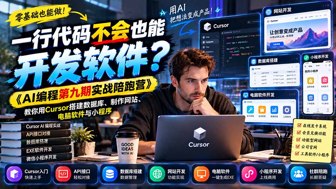 （21146期）一行代码不会也能开发软件？《AI编程第九期实战陪跑营》教你用Cursor搭建数据库、制作网站、电脑软件与小程序-翌晨科技网