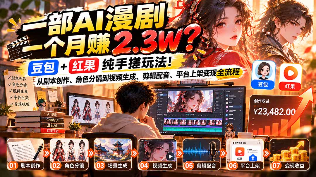 （21089期）一部AI漫剧一个月赚2.3W？豆包+红果纯手搓玩法！从剧本创作、角色分镜到视频生成、剪辑配音、平台上架变现全流程-翌晨科技网
