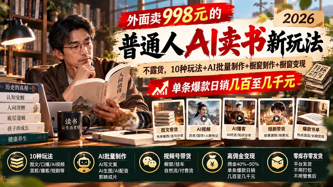 （20909期）外面卖998元的2026普通人AI卖书新玩法：不露脸、不囤货，10种玩法+AI批量制作+橱窗变现，单条爆款日销几百至几千元-翌晨科技网