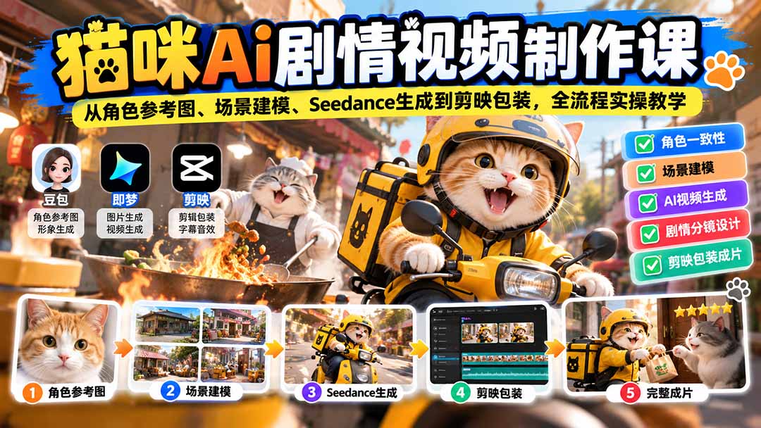 （20793期）猫咪AI剧情视频制作课：从角色参考图、场景建模、Seedance生成到剪映包装，全流程实操教学-翌晨科技网