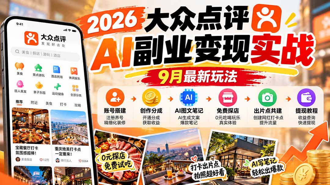 （20873期）2026大众点评AI副业变现实战9月最新玩法：账号搭建+创作分成+AI图文笔记+免费探店+出片点共建与提现教程-翌晨科技网