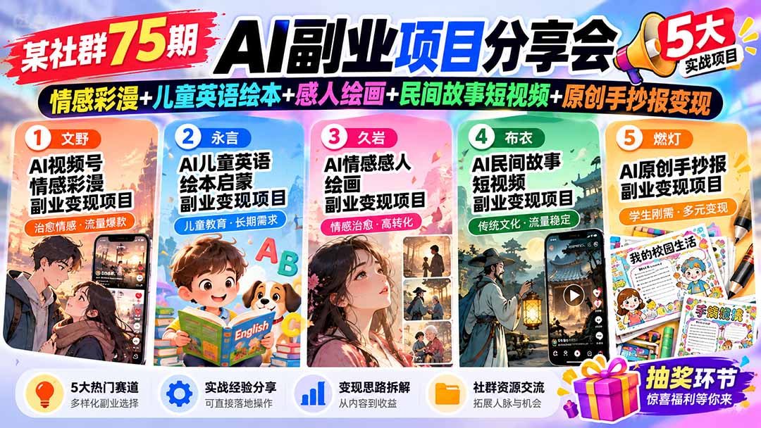 （20874期）某社群75期AI副业项目分享会：情感彩漫+儿童英语绘本+感人绘画+民间故事短视频+原创手抄报变现-翌晨科技网