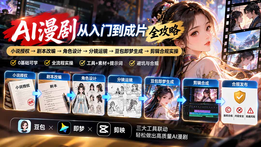 （20877期）AI漫剧从入门到成片全攻略：小说授权→剧本改编→角色设计→分镜运镜→豆包即梦生成→剪辑合规实操-翌晨科技网