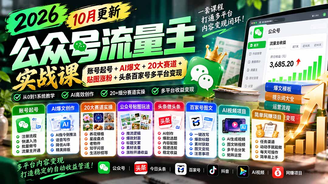 （20878期）2026公众号流量主实战课-10月更新：账号起号+AI爆文+20大赛道+贴图涨粉+头条百家号多平台变现-翌晨科技网