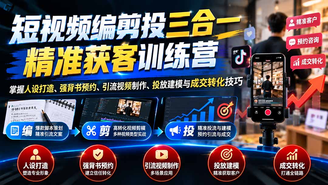（20910期）短视频编剪投三合一精准获客训练营：掌握人设打造、强背书预约、引流视频制作、投放建模与成交转化技巧-翌晨科技网