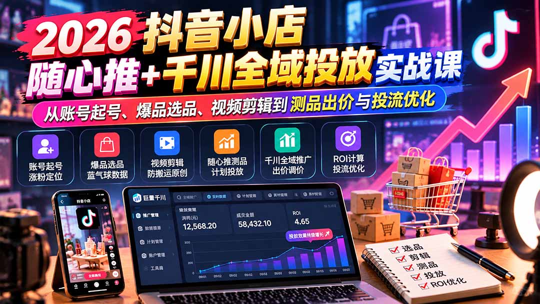 （20998期）2026抖音小店随心推+千川全域投放实战课：从账号起号、爆品选品、视频剪辑到测品出价与投流优化-翌晨科技网