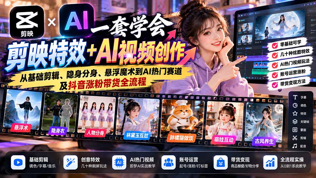 （20999期）一套学会剪映特效+AI视频创作：从基础剪辑、隐身分身、悬浮魔术到AI热门赛道及抖音涨粉带货全流程-翌晨科技网