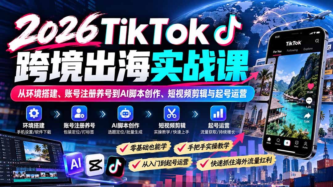（21170期）2026TikTok跨境出海实战课：从环境搭建、账号注册养号到AI脚本创作、短视频剪辑与起号运营-翌晨科技网