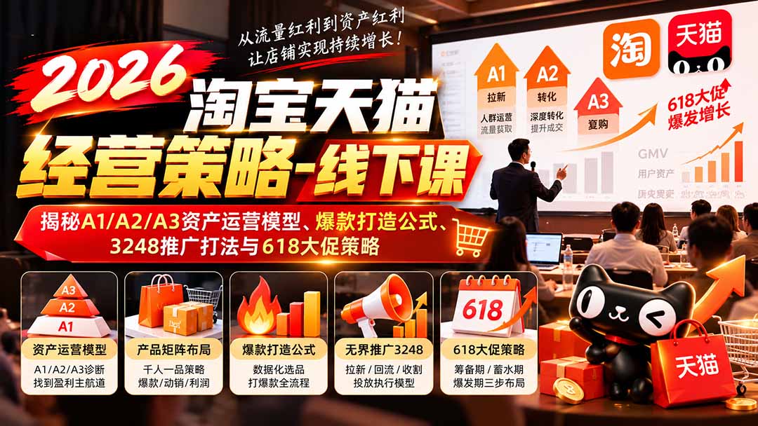 （20912期）2026淘宝天猫经营策略-线下课：揭秘A1/A2/A3资产运营模型、爆款打造公式、3248推广打法与618大促策略-翌晨科技网